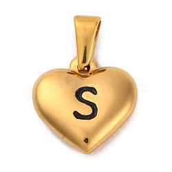 304 Stainless Steel Pendants, Heart with Black Letter, Golden, Letter S, 16x16x4.5mm, Hole: 7x3mm(STAS-P278-01S-G-1)