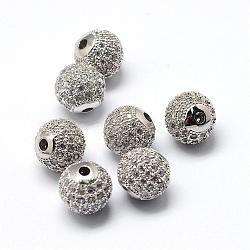 Rack Plating Brass Cubic Zirconia Beads, Long-Lasting Plated, Round, Platinum, 9.5~10x9~9.5mm, Hole: 2mm(ZIRC-S001-10mm-A02)