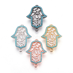 Brass Micro Pave Cubic Zirconia Links, Hamsa Hand/Hand of Fatima/Hand of Miriam, Colorful, Mixed Color, 23x16x2.5mm, Hole: 1mm(KK-O109-05)