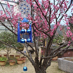 Evil Eye Wind Chime, with Alloy Findings, for Garden Courtyard Hanging Decoration, Flower, Blue, 580mm(PW-WG76763-02)