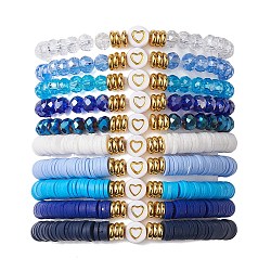 10Pcs Polymer Clay Disc & Glass & Brass Beaded Stretch Bracelets Set, Heart Stackable Bracelets, Deep Sky Blue, Inner Diameter: 2-1/8 inch(5.4cm)(BJEW-JB09676-01)