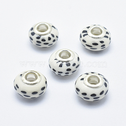 Handmade Polymer Clay European Beads, with Silver Color Plated Brass Cores, Large Hole Beads, Rondelle with Dot Pattern, White, 13~16x8~11mm, Hole: 4.5~5mm(CLAY-K002-F13)