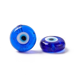 Handmade Evil Eye Lampwork Beads, Half Drilled, Flat Round, Blue, 12~12.5x5mm, Hole: 1.2mm(LAMP-F025-02E)