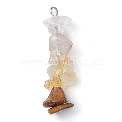 Gradient Color Natural Quartz Crystal & Natural Citrine & Natural Rutilated Quartz & Natural Tiger Eye Chip Beaded Pendants, with 304 Stainless Steel Loops, 28~34x7~10x7~10mm, Hole: 2x3mm(PALLOY-JF02790-08)