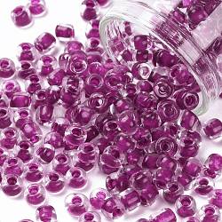 6/0 Glass Seed Beads, Transparent Inside Colours, Round Hole, Round, Purple, 6/0, 4~5x2.5~4.5mm, Hole: 1.2mm, about 4500pcs/bag(SEED-A014-4mm-140)