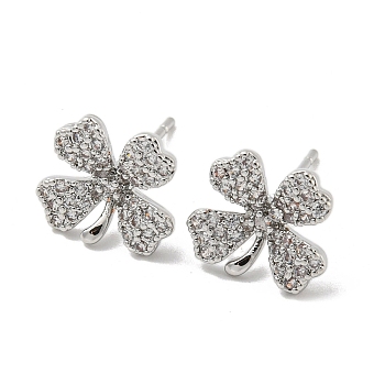 Brass with Clear Cubic Zirconia Stud Earrings, Flower, Platinum, 11x12mm