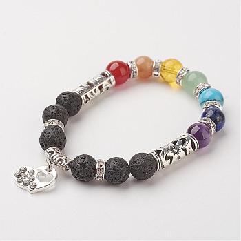 Natural Lava Rock & Gemstone Bead Charm Bracelets, Chakra Stretch Bracelets, with Alloy Findings and Brass Findings, Heart, 58mm(2-1/4 inch)