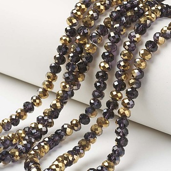 Electroplate Transparent Glass Beads Strands, Half Golden Plated, Faceted, Rondelle, Indigo, 4x3mm, Hole: 0.4mm, about 130pcs/strand, 16.54 inch(42cm)