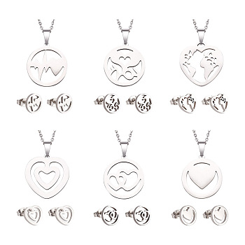 6 Sets 6 Style Valentine's Day Heart Jewelry Set, 304 Stainless Steel Pendant Necklace and Stud Earrings for Women, Stainless Steel Color, 17.83 inch(45.3cm), 10x10mm, Pin: 0.7mm, 1 Set/style
