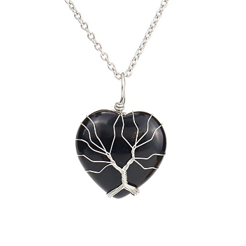 Natural Obsidian Heart Pendant Necklaces, Platinum Copper Wire Wrap Necklace, 20.47 inch(52cm)