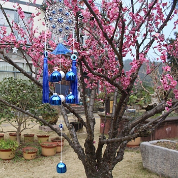 Evil Eye Wind Chime, with Alloy Findings, for Garden Courtyard Hanging Decoration, Flower, Blue, 580mm