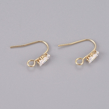 Brass Earring Hooks, Ear Wire, with Clear Cubic Zirconia and Horizontal Loop, Long-Lasting Plated, Real 14K Gold Plated, 16x13x3.5mm, Hole: 2mm, Pin: 0.8mm
