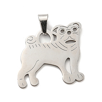 304 Stainless Steel Pendants, Laser Cut, Dog Charm, Stainless Steel Color, 24.5x25x1mm, Hole: 5.5X3mm