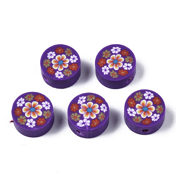 Handmade Polymer Clay Beads, for DIY Jewelry Crafts Supplies, Flat Round with Flower, Purple, 9.5~10x4.5mm, Hole: 1.8mm