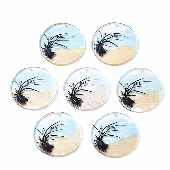 Transparent Printed Acrylic Pendants, Flat Round with Grass, Colorful, 35x2.5mm, Hole: 1.6mm