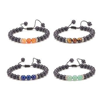 4Pcs 4 Style Natural Lava Rock & Mixed Stone Braided Bead Bracelets Set for Women, Inner Diameter: 2-3/8~3-3/4 inch(5.9~9.5cm), 1Pc/style