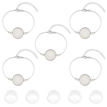 5Pcs 304 Stainless Steel Flat Round Cabochon Setting Bracelets, for Link Bracelet Making, with 5Pcs Transparent Glass Cabochons, Stainless Steel Color, Tray: 20mm, 5-1/4 inch(13.2cm)