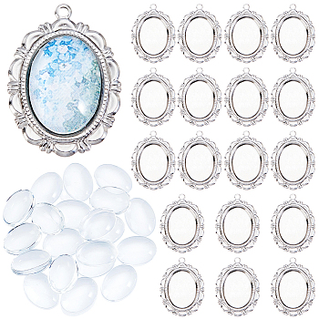 DIY Oval Pendant Making Kit, Inclduing 304 Stainless Steel Pendant Cabochon Settings, Oval Glass Cabochons, Stainless Steel Color, 28x20.5x1mm, Hole: 1.6mm