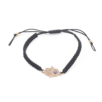Adjustable Nylon Thread Braided Bead Bracelets, with Enamel and Alloy Rhinestone Links, Hamsa Hand with Evil Eye, Golden, Black, Inner Diameter: 2-1/8~3-1/2 inch(5.3~8.8cm)
