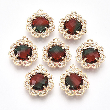 Brass Pendants, with Faceted Glass and Clear Rhinestone, Flower, Golden, Dark Red, 18x16.5x6mm, Hole: 1.2mm