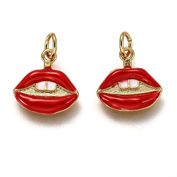 Brass Enamel Charms, Long-Lasting Plated, Real 18K Gold Plated, with Jump Ring, Lip with Teeth, Red, 14x13x2.3mm, Hole: 3.3mm