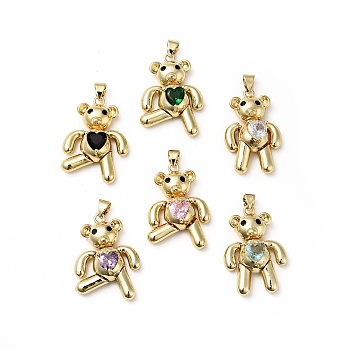 Rack Plating Brass Micro Pave Cubic Zirconia Pendants, Cadmium Free & Lead Free, Real 18K Gold Plated, Bear with Heart Charms, Mixed Color, 28x18x8mm, Hole: 4.5x3.5mm