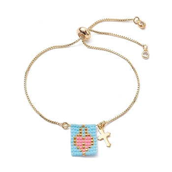 Glass Seed Heart & Brass Cross Charms Silder Bracelets, with Box Chains, Golden, Inner Diameter: 2-5/8 inch(6.6cm)