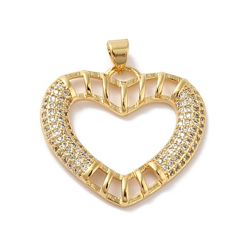 Rack Plating Brass Micro Pave Cubic Zirconia Pendants, Real 18K Gold Plated, Long-Lasting Plated, Lead Free & Cadmium Free, Heart, Clear, 25.5x27x3mm, Hole: 4.7x3.6mm
