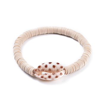 Stretch Bracelets, with Spray Paint Cowrie Shell Beads and Handmade Polymer Clay Heishi Beads, Bisque, 2 inch(5.2cm)