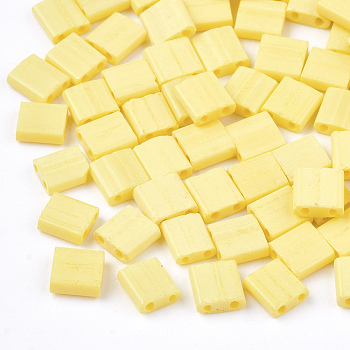 2-Hole Opaque Glass Seed Beads, Frosted, Rectangle, Yellow, 5x4.5~5.5x2~2.5mm, Hole: 0.5~0.8mm