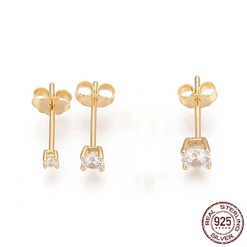925 Sterling Silver Stud Earrings Set, with Clear Cubic Zirconia and Ear Nuts, Square, Golden, 13~14mm, Pin: 0.7mm, 3pcs/set