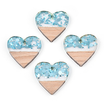 Transparent Resin & White Wood Pendants, Heart Charms with Paillettes, Light Sky Blue, 24x25x3.5~4mm, Hole: 2mm