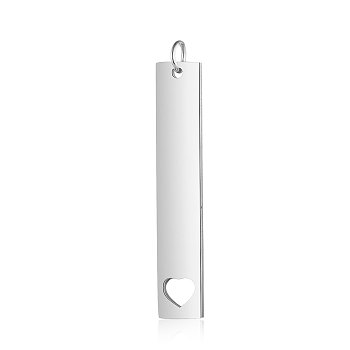 Anti-Tarnish 304 Stainless Steel Pendants, with Jump Ring, Manual Polishing, Rectangle with Heart Charm, Stainless Steel Color, 40x7x1.5mm, Hole: 3mm