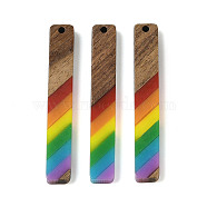 Pride Rainbow Theme Resin & Walnut Wood Pendants, Rectangle, Colorful, 51.5x17.5x3.5mm, Hole: 1.8mm(WOOD-K012-06A)