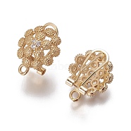 Brass Micro Pave Cubic Zirconia Stud Earring Findings, French Clip Earrings, with Loop, Flower, Clear, Golden, 19x14.5x12mm, Hole: 1.8mm, Pin: 0.7mm(X-KK-O121-15G)