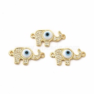 Rack Plating Real 18K Gold Plated Brass Micro Pave Clear Cubic Zirconia Connector Charms, Elephant with Evil Eye Links, with Handmade Lampwork, Cadmium Free & Lead Free, Long-Lasting, White, 12x24x4mm, Hole: 1.4mm(ZIRC-L102-05G-01)