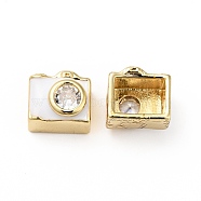 Rack Plating Brass Clear Micro Pave Cubic Zirconia Beads, with White Enamel, Cadmium Free & Lead Free, Camera, Real 18K Gold Plated, 8.5x10x7.5mm, Hole: 1.7mm(KK-E060-07G)
