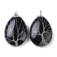 Natural Black Onyx(Dyed & Heated) Big Pendants, Teardrop Charms with Copper Wire Wrapped Tree, Platinum, 49~51.5x31x10~11mm, Hole: 6x5.5mm(KK-F868-30P-01)