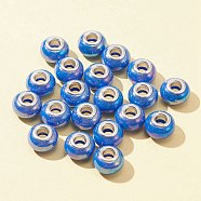 20Pcs Opaque Resin European Beads, Large Hole Beads, Imitation Porcelain, with Platinum Tone Brass Double Cores, AB Color, Rondelle, Blue, 14x9mm, Hole: 5mm(RPDL-FS0001-01)