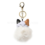 Imitation Rex Rabbit Fur Ball & PU Leather Cat Pendant Keychain, with Alloy Clasp, for Bag Car Pendant Decoration, White, 16cm(KEYC-K018-05KCG-01)