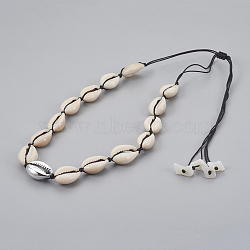 Adjustable Cowrie Shell Beaded Necklaces, with Nylon Cord, Platinum, 11.8 inch~28.3 inch(30~72cm)(NJEW-JN02278-01)