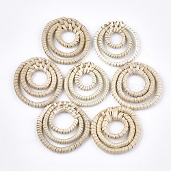 Handmade Reed Cane/Rattan Woven Pendants, For Making Straw Earrings and Necklaces, Flat Round, Antique White, 37~43x4~5mm(WOVE-T006-048)