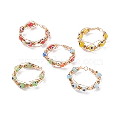 Round Evil Eye Lampwork Braided Bead Finger Ring, Copper Wire Wrap Jewelry for Women, Mixed Color, US Size 8 1/2(18.5mm)(RJEW-JR00449)