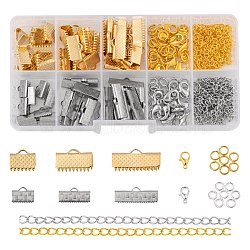 DIY Jewelry Making Finding Kits, Including 60Pcs 304 Stainless Steel Ribbon Crimp Ends, Brass Lobster Claw Clasps & Twisted Chains & Jump Rings, Mixed Color, Ribbon Crimp Ends: 60pcs(DIY-LS0003-07)