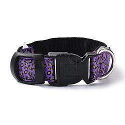Adjustable Polyester LED Dog Collar, with Water Resistant Flashing Light and Plastic Buckle, Built-in Battery, Leopard Print Pattern, Purple, 355~535mm(MP-H001-A09)