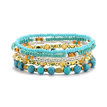 5Pcs 5 Style Synthetic Turquoise(Dyed) & Hematite & Glass Sead Beads Stretch Bracelets Set, Stackable Bracelets for Women Girls, Inner Diameter: 2-1/8 inch(5.5~5.6cm), 5pcs/set