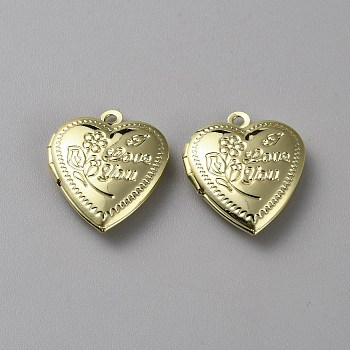 Valentine's Day Brass Locket Pendant, Photo Frame Charms for Necklaces, Heart with Flower & Word Love You, Golden, 22.5x19x6mm, Hole: 1.5mm, Inner Diameter: 11x13.5mm