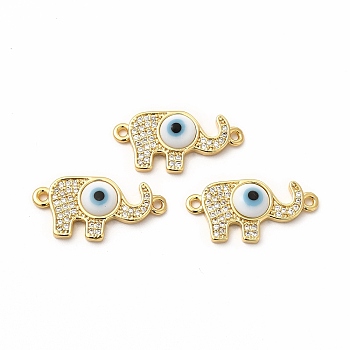 Rack Plating Real 18K Gold Plated Brass Micro Pave Clear Cubic Zirconia Connector Charms, Elephant with Evil Eye Links, with Handmade Lampwork, Cadmium Free & Lead Free, Long-Lasting, White, 12x24x4mm, Hole: 1.4mm