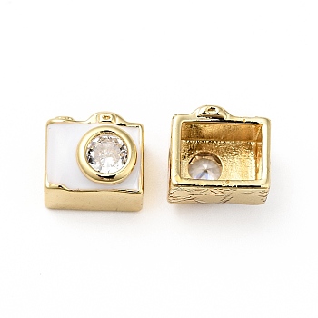 Rack Plating Brass Clear Micro Pave Cubic Zirconia Beads, with White Enamel, Cadmium Free & Lead Free, Camera, Real 18K Gold Plated, 8.5x10x7.5mm, Hole: 1.7mm