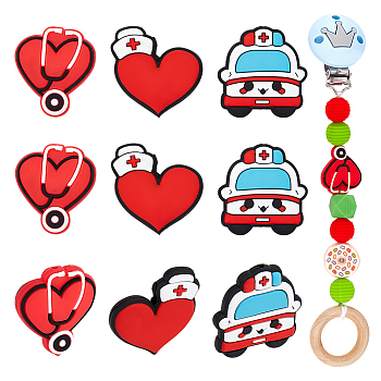 9Pcs 3 Style Hospital Theme Food Grade Eco-Friendly Silicone Beads, Chewing Beads For Teethers, DIY Nursing Necklaces Making, Hat & Echometer & Car, Mixed Shapes, 27~30x26~30x7~8mm, Hole: 2~3mm, 3pcs/style